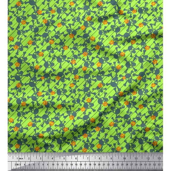 Soimoi Silk Fabric Diagonal Stripe,Cross Bones & Skull Print Sewing Fabric Yard 42 Inch Wide