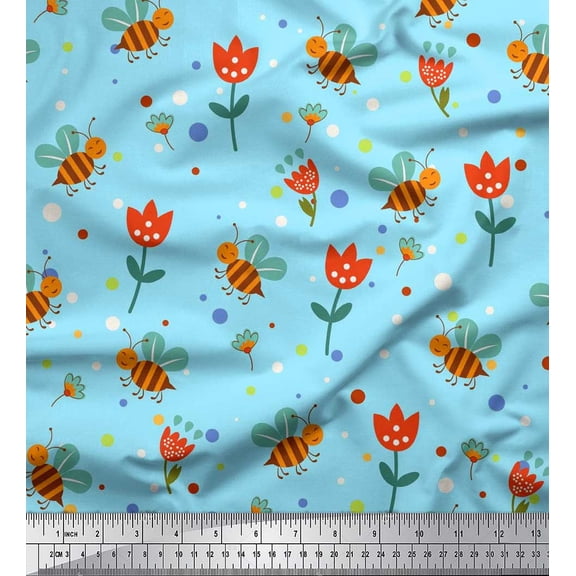 Soimoi Silk Fabric Dot,Floral & Honey Bee Clip Art Printed Fabric 1 Yard 42 Inch Wide
