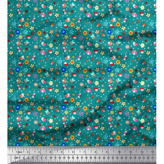 Soimoi Silk Fabric Dot,Floral & Insect Clip Art Print Sewing Fabric Yard 42 Inch Wide