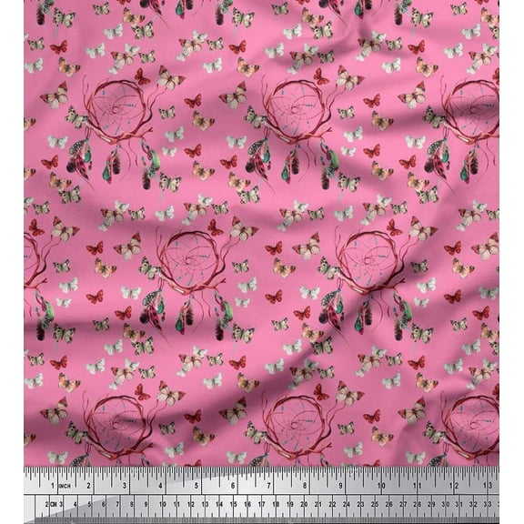 Soimoi Silk Fabric Dream Catcher & Butterfly Print Sewing Fabric Yard 42 Inch Wide