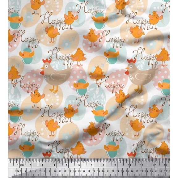 Soimoi Silk Fabric Egg,Chick & Hen Kids Decor Fabric Printed Yard 42 Inch Wide