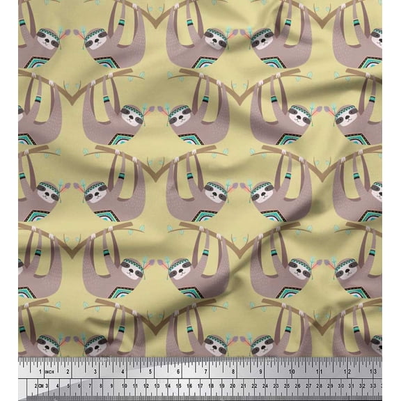 Soimoi Silk Fabric Feather,Branch & Sloth Cartoon Printed Fabric 1 Yard 42 Inch Wide