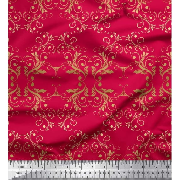 Soimoi Silk Fabric Filigree Damask Print Fabric by Yard 42 Inch Wide