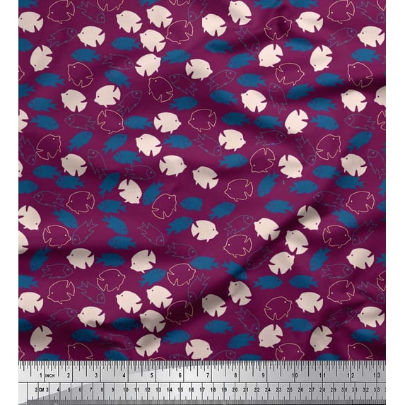 Soimoi Silk Fabric Fish Ocean Print Fabric by The Yard 42 Inch Wide