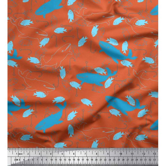 Soimoi Silk Fabric Fishing Hook,Fish & Whale Ocean Decor Fabric Printed Yard 42 Inch Wide