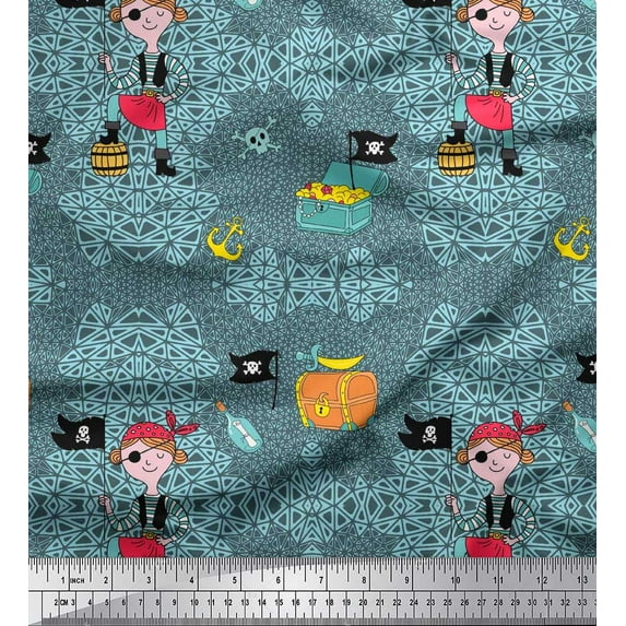 Soimoi Silk Fabric Flag,Treasure Box & Pirate Boy Nautical Decor Fabric Printed Yard 42 Inch Wide