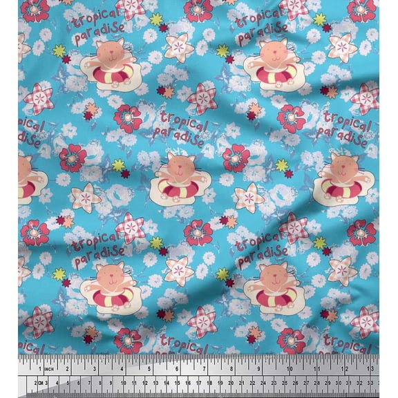 Soimoi Silk Fabric Floral & Cat Cartoon Print Sewing Fabric Yard 42 Inch Wide