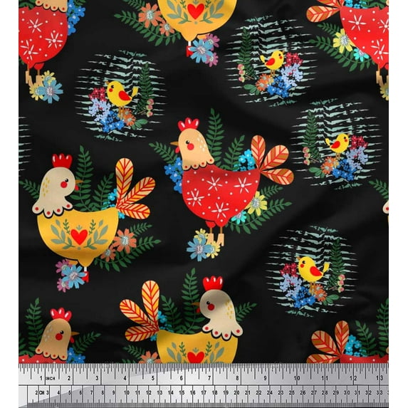 Soimoi Silk Fabric Floral,Chick & Cock Cartoon Print Fabric by Yard 42 Inch Wide