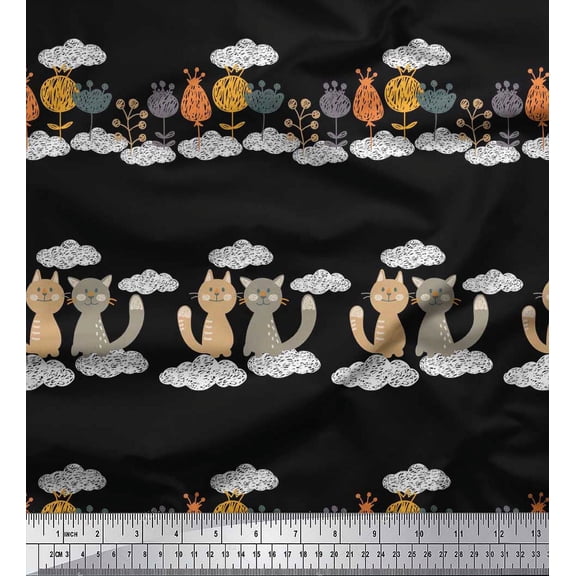 Soimoi Silk Fabric Floral,Clouds & Cat Kids Print Sewing Fabric Yard 42 Inch Wide