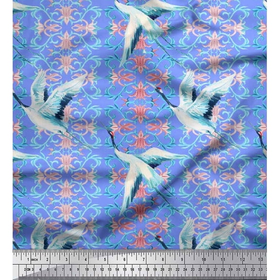 Soimoi Silk Fabric Floral Damask & Stork Bird Print Sewing Fabric Yard 42 Inch Wide
