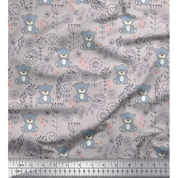 Soimoi Silk Fabric Floral,Heart & Bear Kids Print Fabric by The Yard 42 Inch Wide