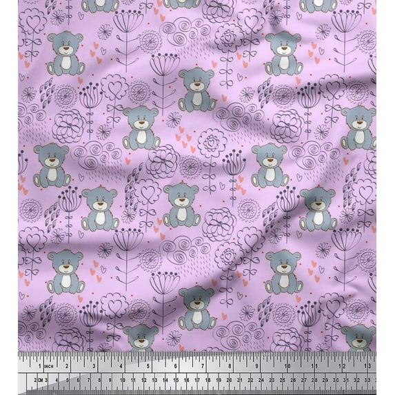 Soimoi Silk Fabric Floral,Heart & Bear Kids Printed Fabric 1 Yard 42 Inch Wide