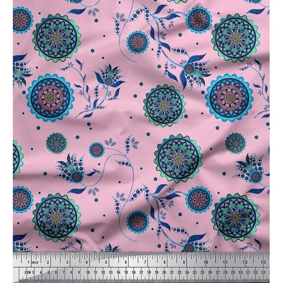 Soimoi Silk Fabric Floral Mandala Artistic Print Fabric by The Yard 42 Inch Wide