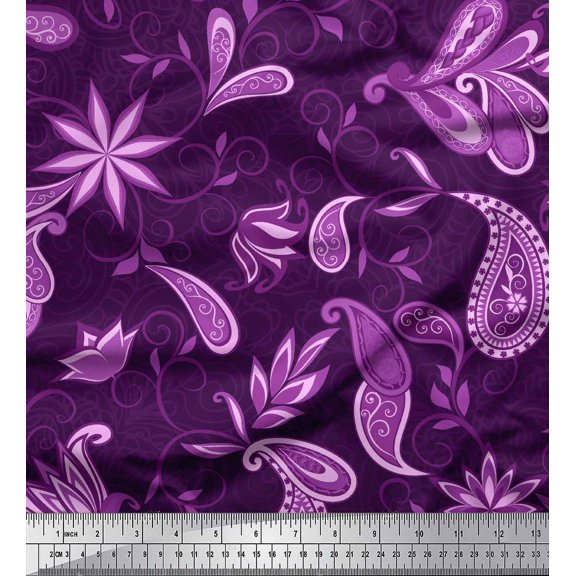 Soimoi Silk Fabric Floral & Paisley Ethnic Printed Fabric 1 Yard 42 Inch Wide
