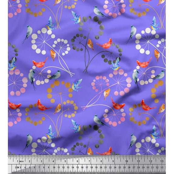Soimoi Silk Fabric Floral,Woodpecker & American Robin Bird Fabric Prints By Yard 42 Inch Wide