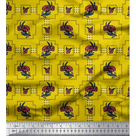 Soimoi Silk Fabric Geometric Design,Leaves & Floral Artistic Print Sewing Fabric Yard 42 Inch Wide