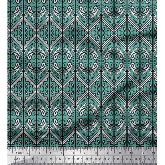 Soimoi Silk Fabric Geometric & Paisley Block Printed Fabric 1 Yard 42 Inch Wide