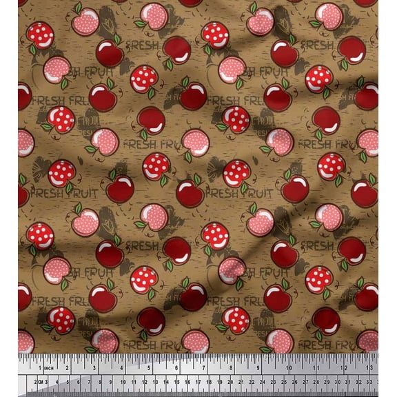 Soimoi Silk Fabric Heart,Leaves & Cherry Fruits Printed Fabric 1 Yard 42 Inch Wide