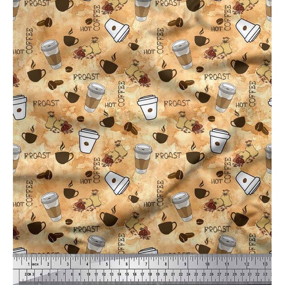 Soimoi Silk Fabric Hot Coffee Beverages Fabric Prints by Yard 42 Inch Wide