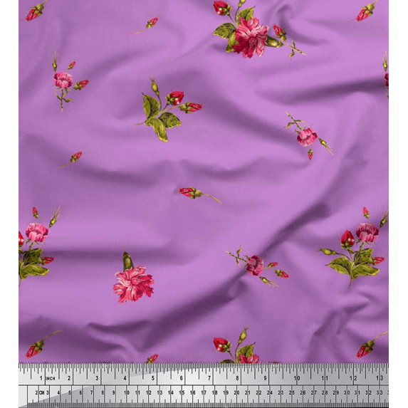 Soimoi Silk Fabric Leaves & Carnation Floral Print Fabric by Yard 42 Inch Wide