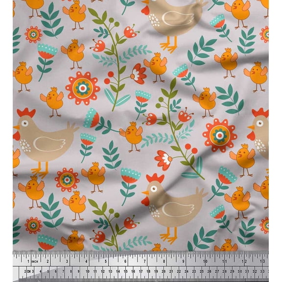 Soimoi Silk Fabric Leaves,Cock & Chick Cartoon Printed Fabric 1 Yard 42 Inch Wide