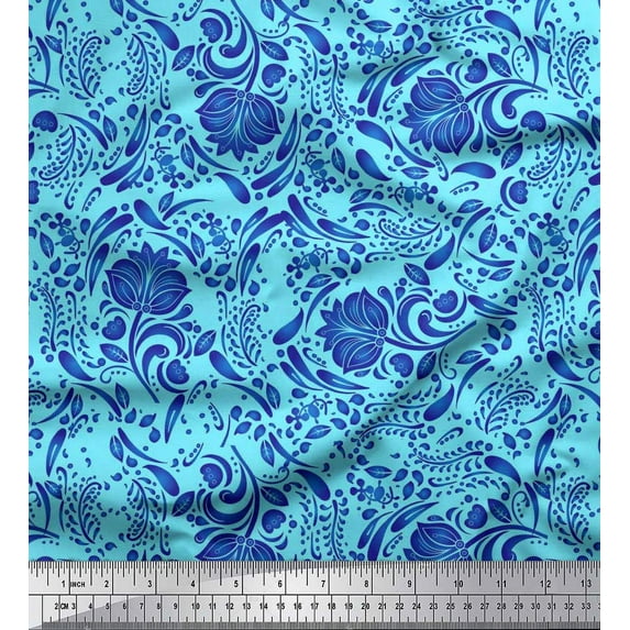 Soimoi Silk Fabric Leaves & Floral Artistic Printed Fabric 1 Yard 42 Inch Wide