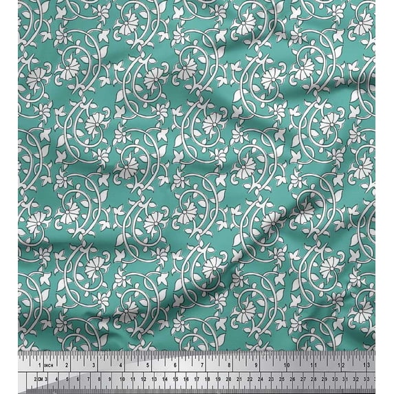 Soimoi Silk Fabric Leaves & Floral Block Fabric Prints by Yard 42 Inch Wide