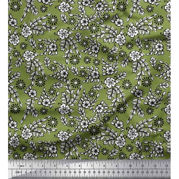 Soimoi Silk Fabric Leaves & Floral Block Print Sewing Fabric Yard 42 Inch Wide