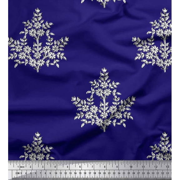 Soimoi Silk Fabric Leaves & Floral Block Printed Fabric 1 Yard 42 Inch Wide