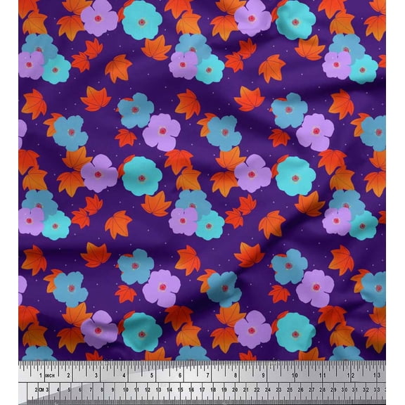 Soimoi Silk Fabric Leaves & Floral Clip Art Print Fabric by the Yard 42 Inch Wide