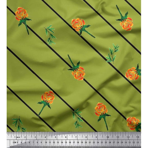 Soimoi Silk Fabric Leaves,Floral & Diagonal Stripe Printed Fabric 1 Yard 42 Inch Wide