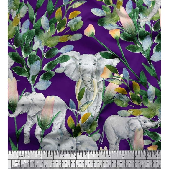 Soimoi Silk Fabric Leaves,Floral & Elephant Animal Decor Fabric Printed Yard 42 Inch Wide