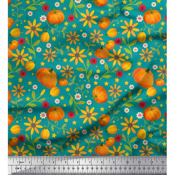 Soimoi Silk Fabric Leaves,Floral & Pumpkin Vegetable Print Sewing Fabric Yard 42 Inch Wide