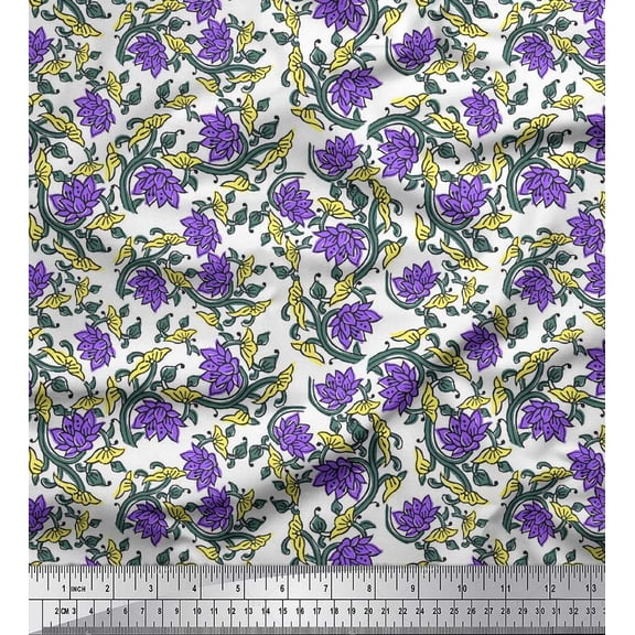 Soimoi Silk Fabric Leaves & Lotus Block Decor Fabric Printed Yard 42 Inch Wide
