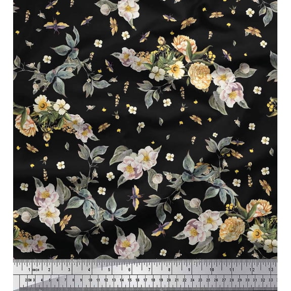 Soimoi Silk Fabric Leaves,Moth & Magnolia Floral Decor Fabric Printed Yard 42 Inch Wide