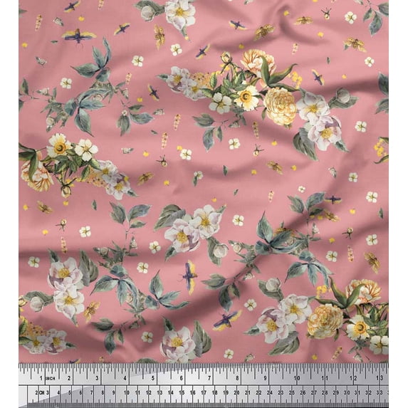 Soimoi Silk Fabric Leaves,Moth & Magnolia Floral Print Fabric by the Yard 42 Inch Wide