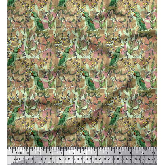 Soimoi Silk Fabric Leaves, & Parrot Bird Printed Fabric 1 Yard 42 Inch Wide