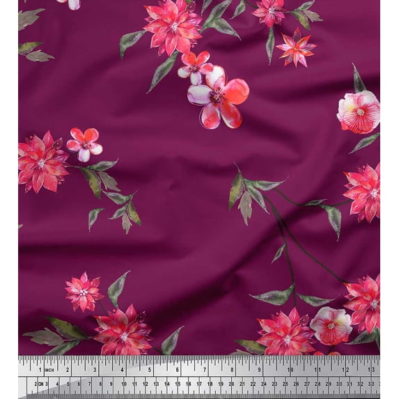Soimoi Silk Fabric Leaves & Pink Flower Fabric Prints By Yard 42 Inch Wide