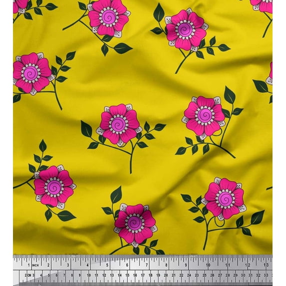 Soimoi Silk Fabric Leaves & Pink Flower Floral Fabric Prints By Yard 42 Inch Wide