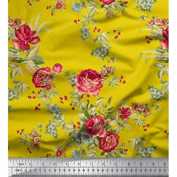 Soimoi Silk Fabric Leaves,Red Berries & Rose Floral Print Fabric by Yard 42 Inch Wide