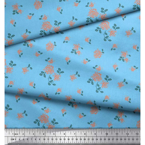 Soimoi Silk Fabric Leaves & Rose Floral Print Fabric by the Yard 42 Inch Wide