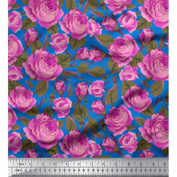 Soimoi Silk Fabric Leaves & Rose Floral Printed Craft Fabric by the Yard 42 Inch Wide