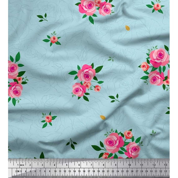 Soimoi Silk Fabric Leaves & Rose Flower Print Sewing Fabric Yard 42 Inch Wide