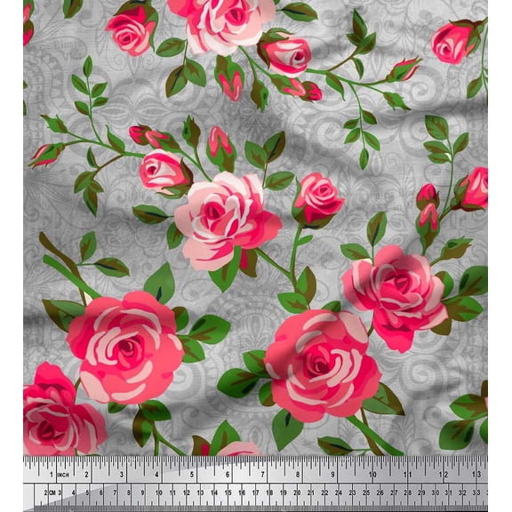 Soimoi Silk Fabric Leaves & Rose Flower Printed Fabric 1 Yard 42 Inch Wide