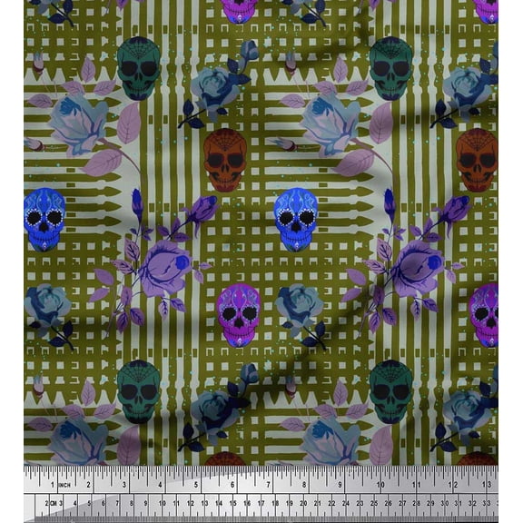 Soimoi Silk Fabric Leaves,Rose & Skull Halloween Printed Fabric 1 Yard 42 Inch Wide