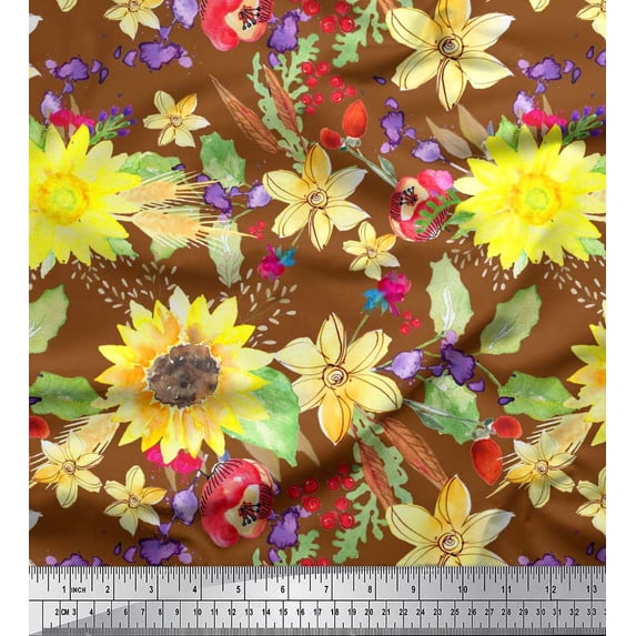 Soimoi Silk Fabric Leaves & Sunflower Watercolor Decor Fabric Printed Yard 42 Inch Wide