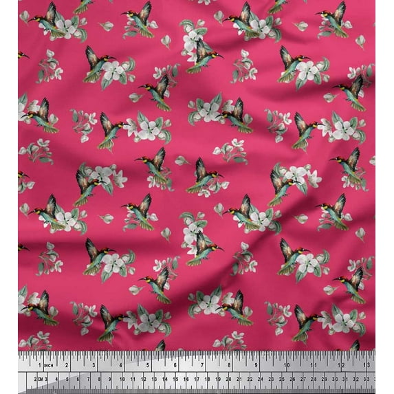 Soimoi Silk Fabric Leaves,White Floral & Hummingbird Print Fabric by The Yards 42 Inch Wide
