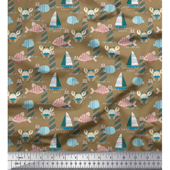 Soimoi Silk Fabric Lighthouse,Crab & Fish Kids Print Fabric by Yard 42 Inch Wide