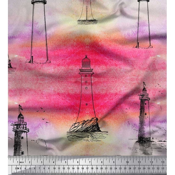 Soimoi Silk Fabric Lighthouse Nautical Print Sewing Fabric Yard 42 Inch Wide