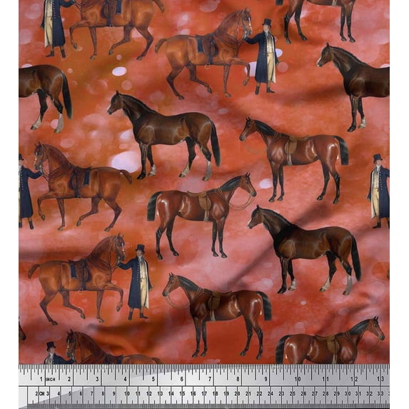 Soimoi Silk Fabric Men & Horse Animal Decor Fabric Printed Yard 42 Inch Wide